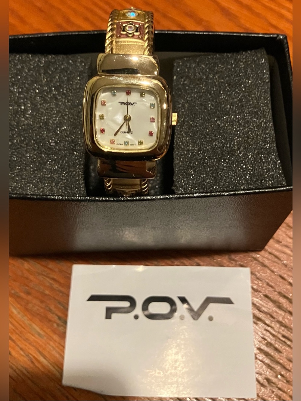 NEW Vintage POV Gold-Tone Square Face Quartz Watch with Jewel Accents